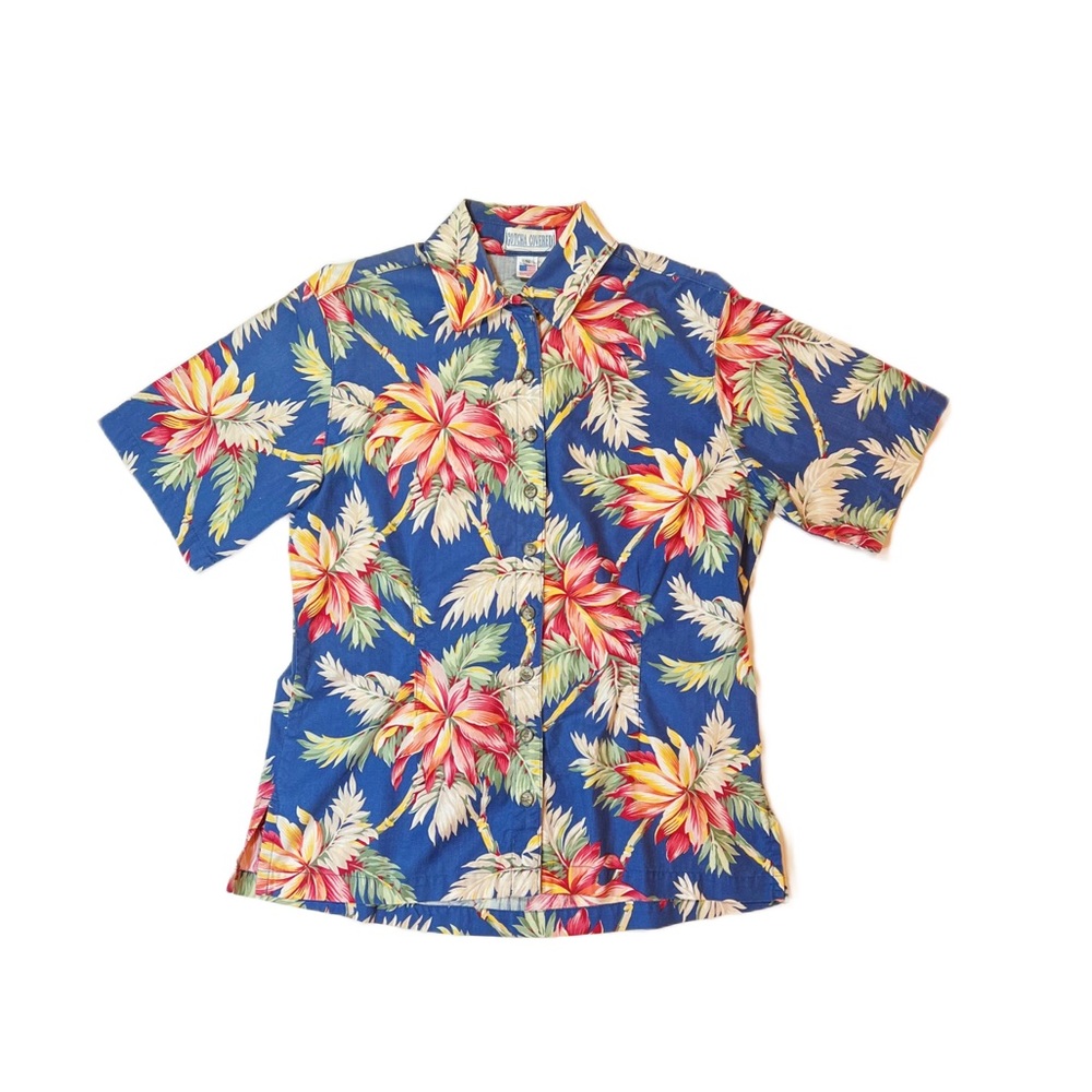 Gotcha Covered Vintage Floral Print Short Sleeve Shirt Blue, Red Cotton Size S